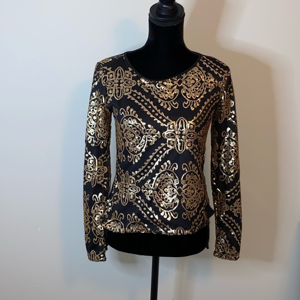 Say What? Black Mesh Gold Sequin Blouse